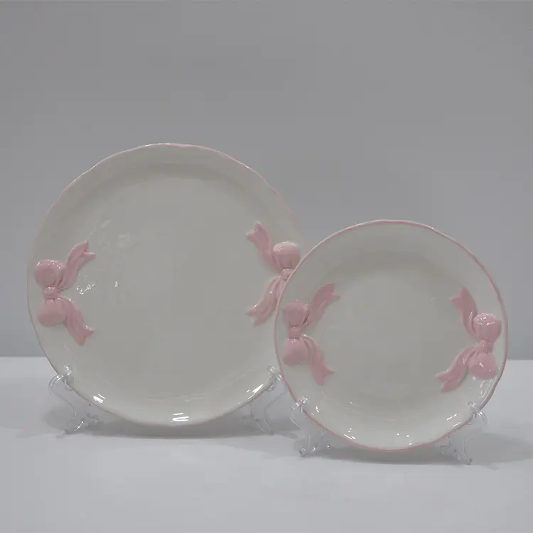 Custom Artisan Bow-Embossed Dolomite Dinnerware Set – 12-Piece Hand-Painted Ceramic Tableware with 3D Bow Relief | Pink Accents, Dishwasher & Oven Safe Factories, Company