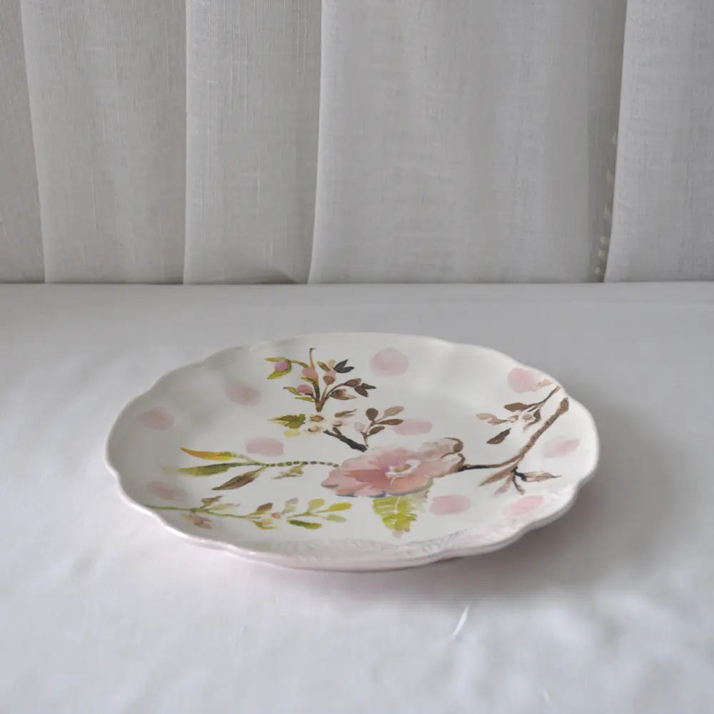 OEM Watercolor - Style Pink Floral Scalloped - Edge Ceramic Dinner Plate Companies, Product
