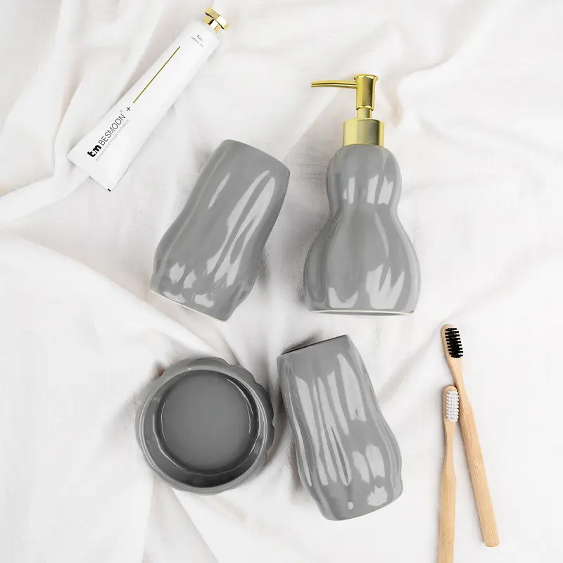 Cheap Light Gray Wavy-Textured Ceramic Bathroom 4-Piece Set Exporter, Products
