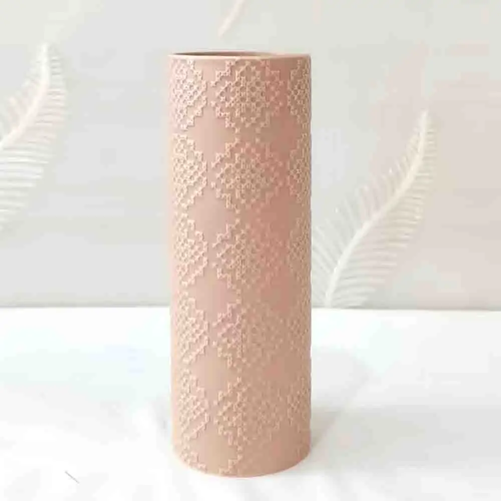 ODM Morandi Color Embossed Geometric Stoneware Cylinder Vase Supplier, Factory