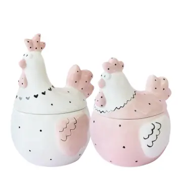 Cute Pink White Ceramic Rooster Hen Storage Jar Set Home Tabletop Decor