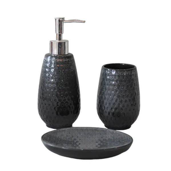 jiashun Matte Black Hammered - Texture Ceramic Bathroom 5 - Piece Set Exporter, Product