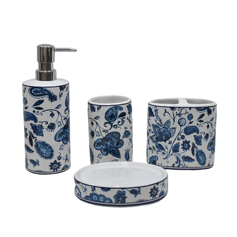 Discount Blue and White Floral Paisley Glossy Glazed Dolomite Bathroom 4 - Piece Set Manufacturers, Products