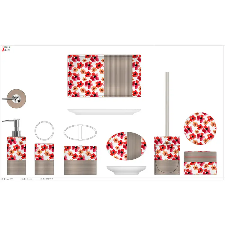 OEM European Style Striped Relief Red Flower Decal 6 - Piece Bathroom Set | Ideal for Home, Gifts & Celebrations Suppliers, Companies