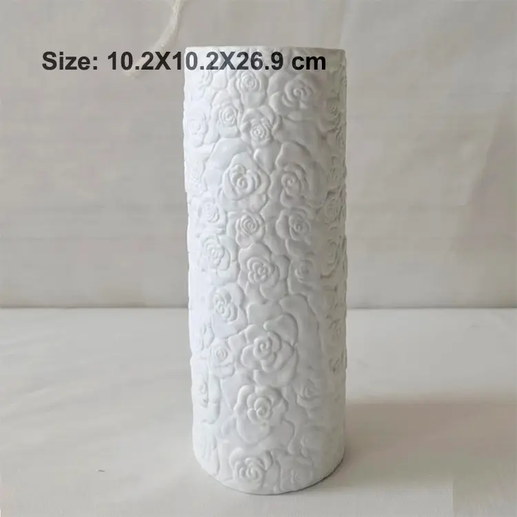 French Elegant 3D Rose Relief White Ceramic Vase