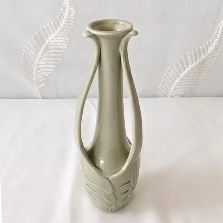 China Tall Dual - Handle Leaf - Embossed Gray Ceramic Vase | Elegant Home Decor Company, Product