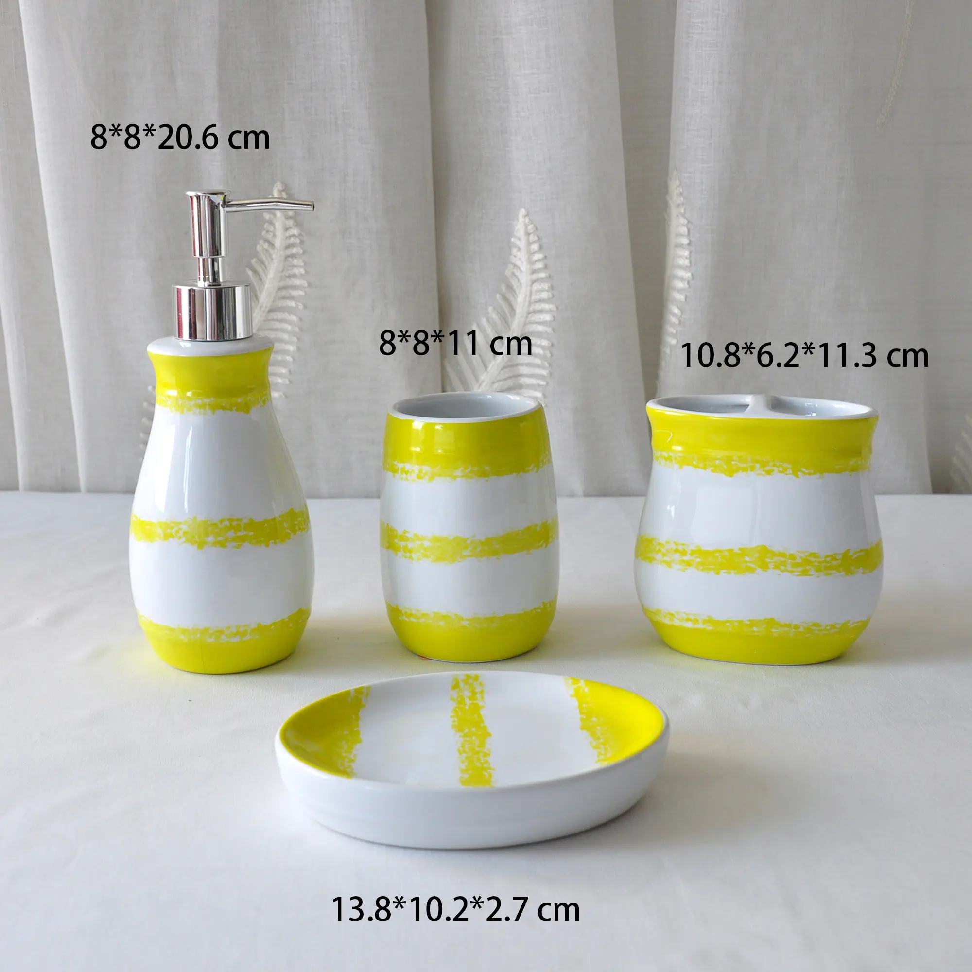 Vibrant Yellow-White Striped Ceramic Bathroom Accessory Set