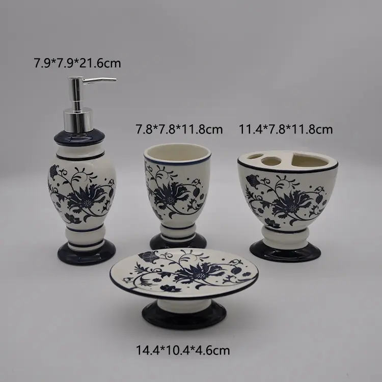 European Blue & White Floral Ceramic Bathroom Set