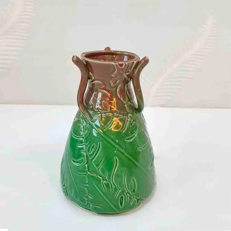 Buy Dual - Handled Tropical Leaf - Embossed Gradient Green & Brown Ceramic Vase | Artistic Home Decor Supplier, Exporter