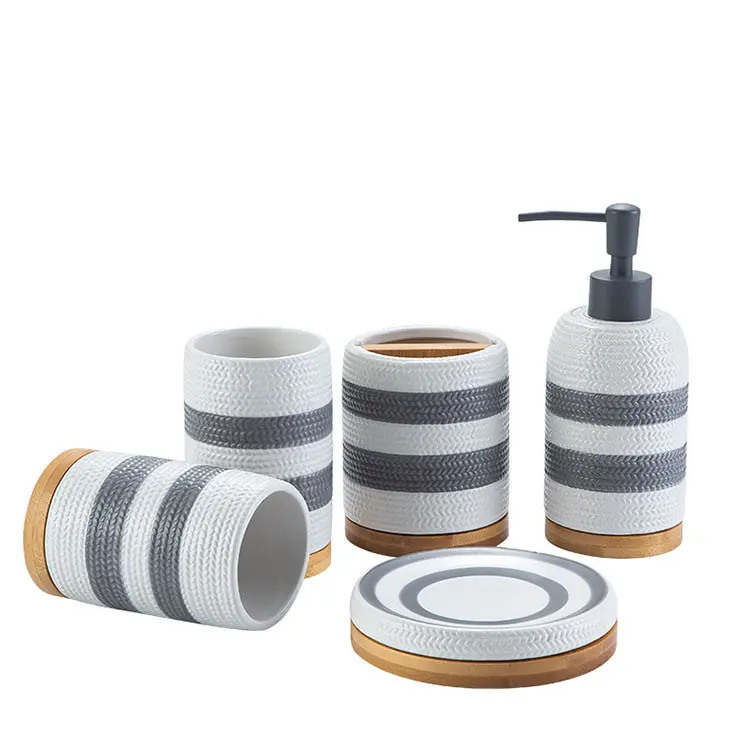 OEM Grey White Striped Woven Texture Ceramic Bathroom 5-Piece Set Exporters, Product