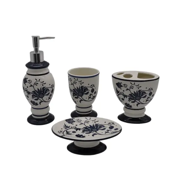 Cheap European Blue & White Floral Ceramic Bathroom 4-Piece Set Manufacturers, Exporter