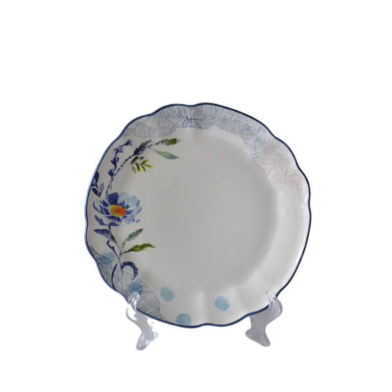 jiashun Watercolor Style Blue Rimmed Scalloped Edge Floral Ceramic Dinner Plate Manufacturer, Exporters