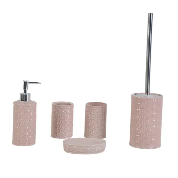 Cheap Modern Luxury Pink Geometric-Embossed Ceramic Bathroom Accessory Set Supplier, Companies