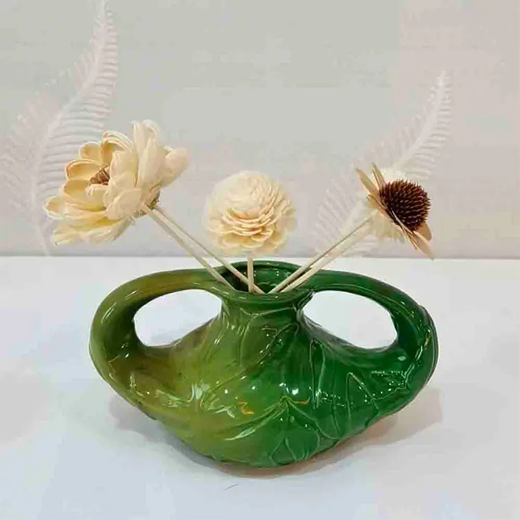 Wholesale Dual - Handled Tropical Leaf - Embossed Gradient Green Ceramic Vase | Artistic Home Decor Companies, Product