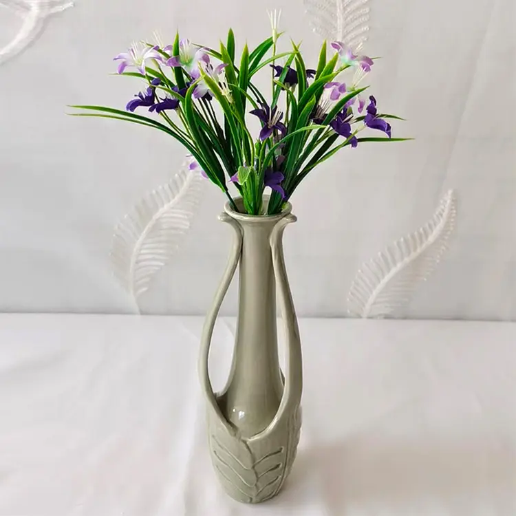 China Tall Dual - Handle Leaf - Embossed Gray Ceramic Vase | Elegant Home Decor Company, Product