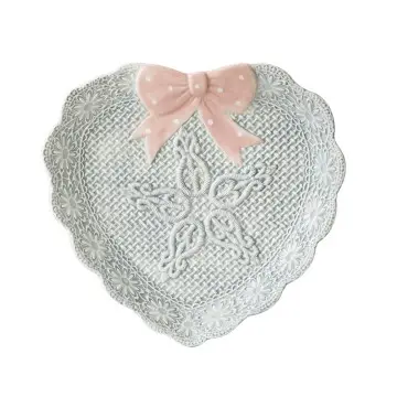 Pink Blue Lace Bow Heart-Shaped Ceramic Plate Set Cute Home Snack Decor