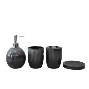 Minimalist Dark Gray Vertical Ribbed Stoneware Bathroom Accessory Set