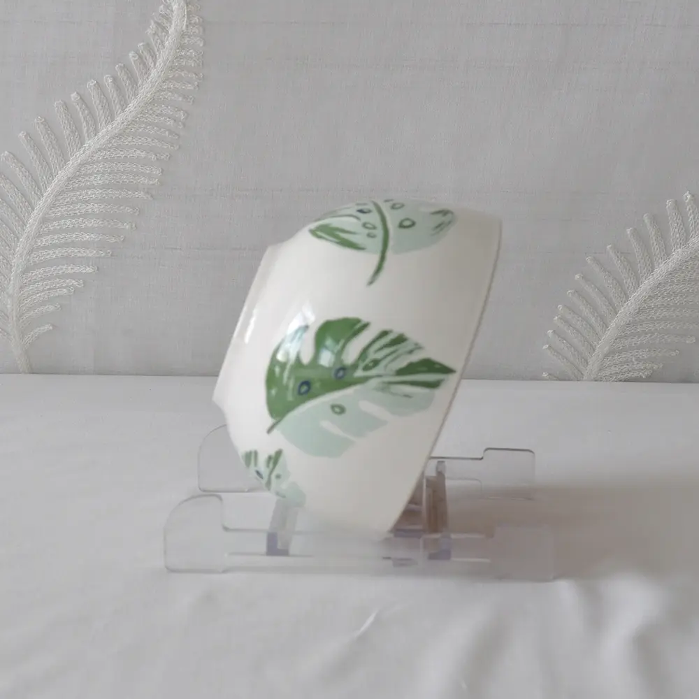 China Color Block Pink Interior Hand Painted Monstera Leaf Ceramic Bowl Exporter, Company