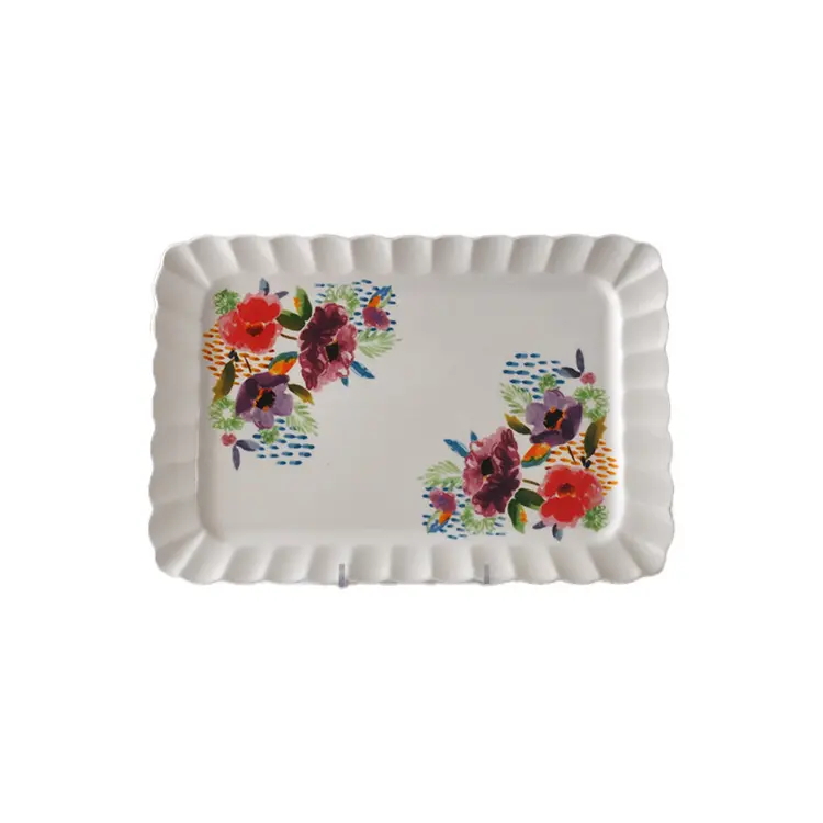Custom Hand - Painted Multicolored Floral Ceramic Rectangular Scalloped - Edge Tray Exporters, Companies