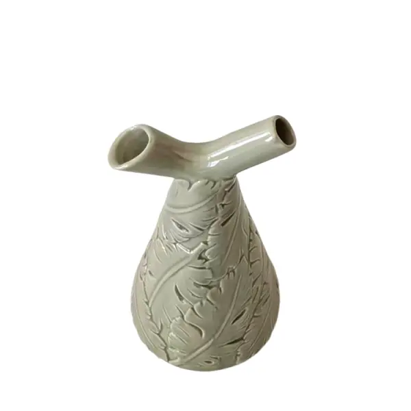 Cheap Gray - Green Embossed Leaf - Patterned Ceramic Vase with Forked Mouth Supplier, Suppliers