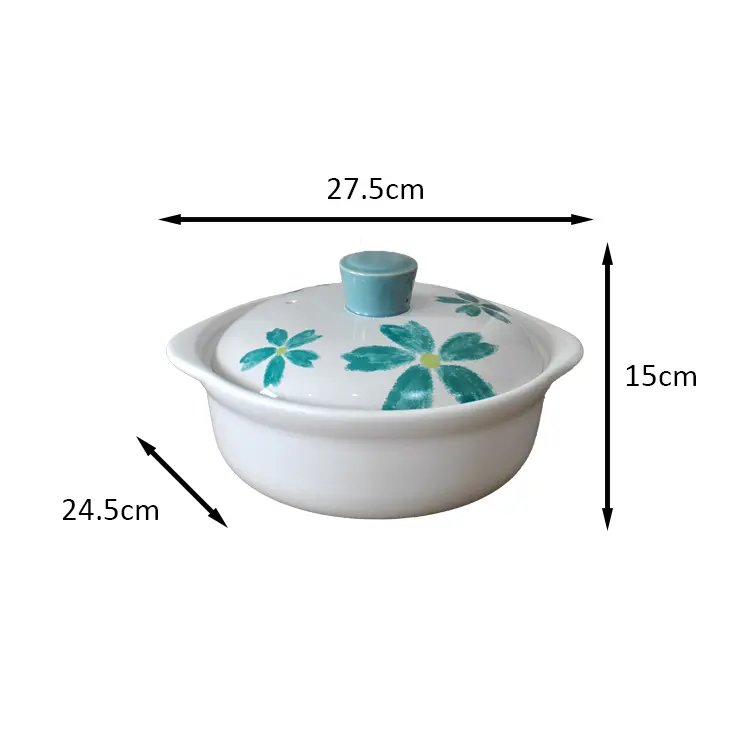 Hand-Painted Blue Green Flower Ceramic Casserole with Lid