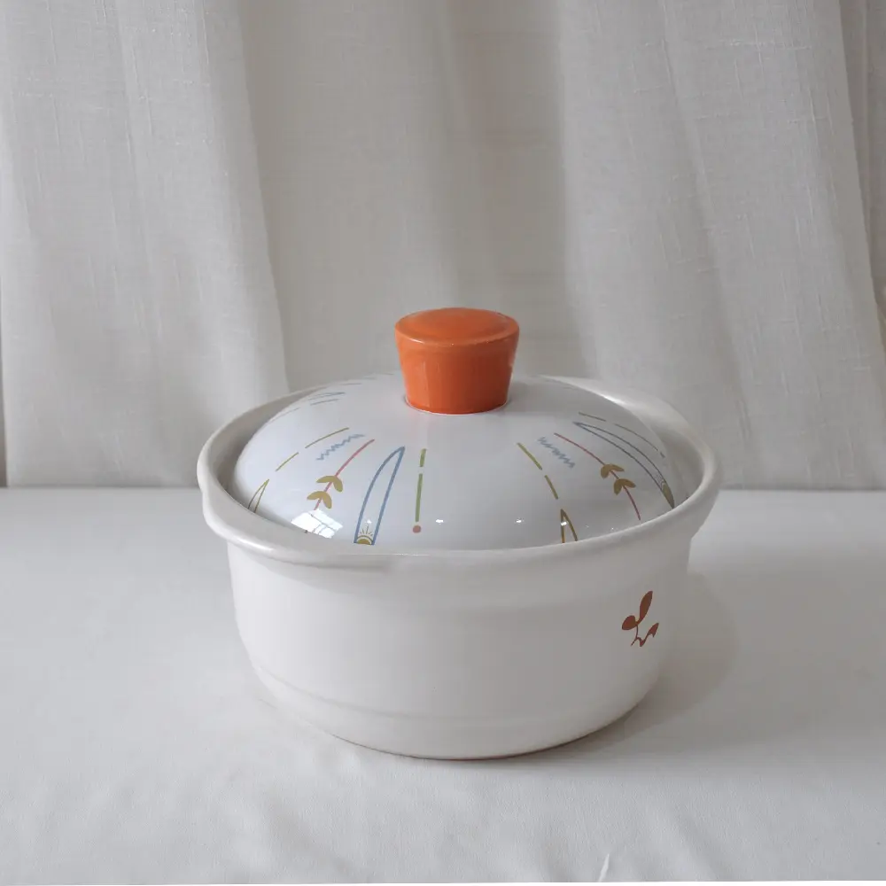 Cheap Orange Knob Colorful Line Pattern White Ceramic Casserole Supplier, Exporters