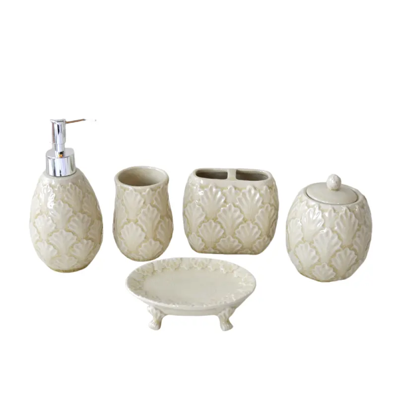 jiashun Pale Yellow Hand-Embossed Fan-Pattern Ceramic Bathroom 5-Piece Set Exporter, Exporters