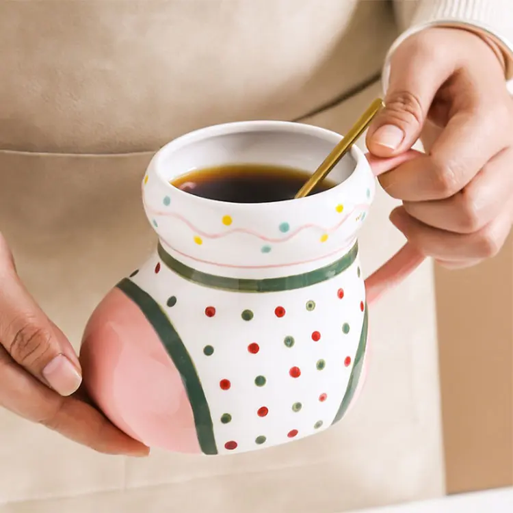 Custom Pink White Polka Dot Hand-Painted Christmas Ceramic Mug Factories, Company