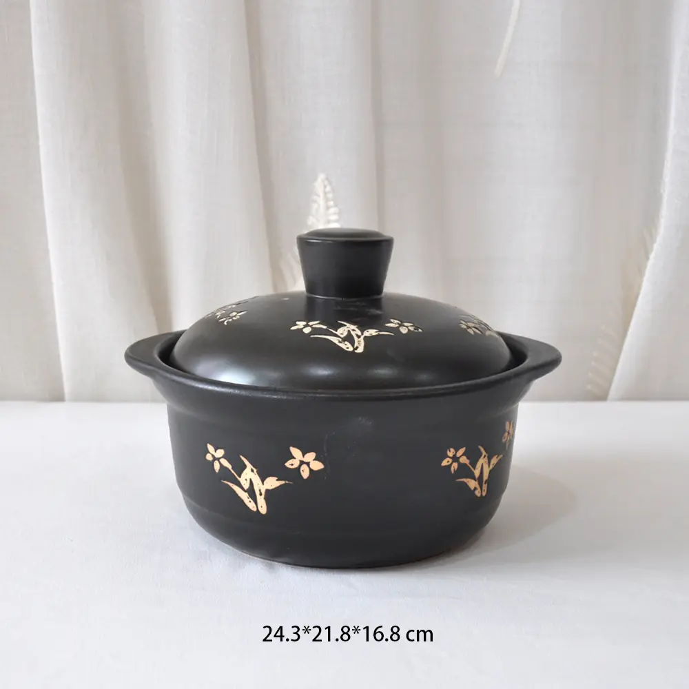 Black Ceramic Casserole with Floral Patterns
