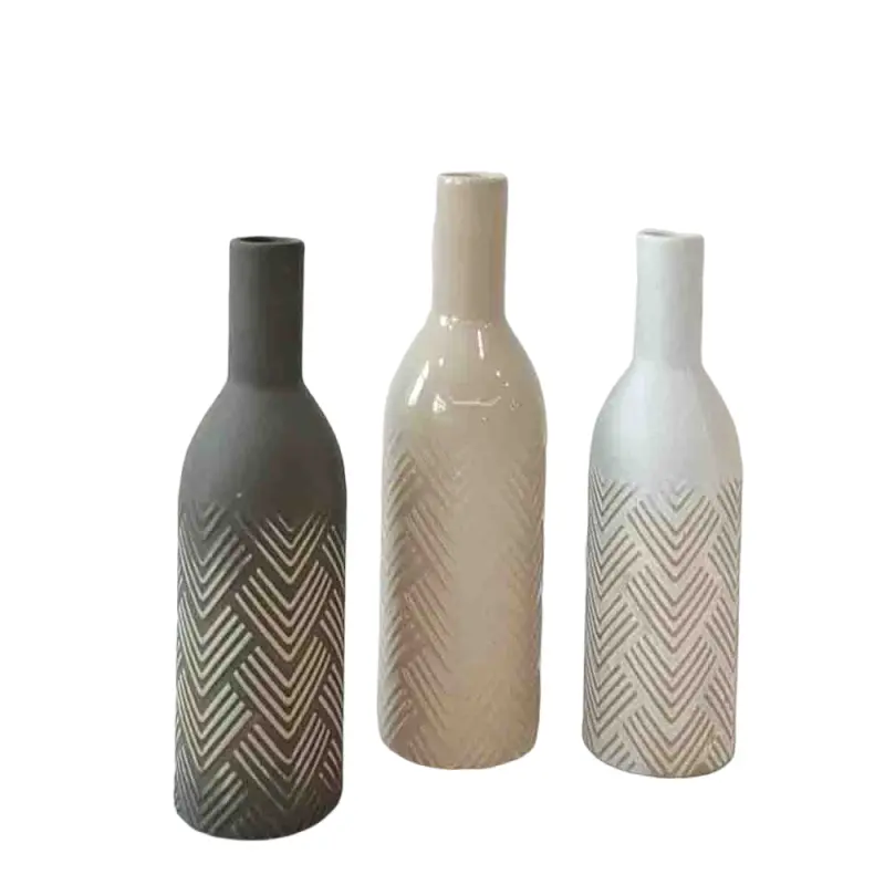 Cheap Morandi Color Herringbone Embossed Wine Bottle-Shaped Stoneware Vase Manufacturers, Factory
