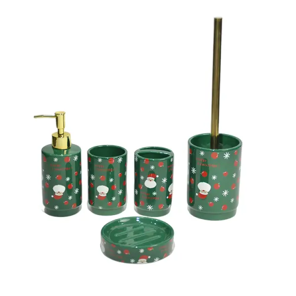 China Christmas Green Base Santa & Snowflake Ceramic Bathroom 5-Piece Set Suppliers, Factory