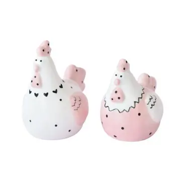 Cute Pink White Chicken Ceramic Decor Set Polka Dot Heart Accents