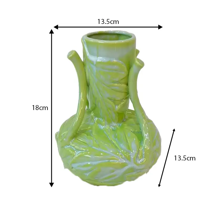 Dual-Handled Leaf-Embossed Light Green Ceramic Vase Dimensions