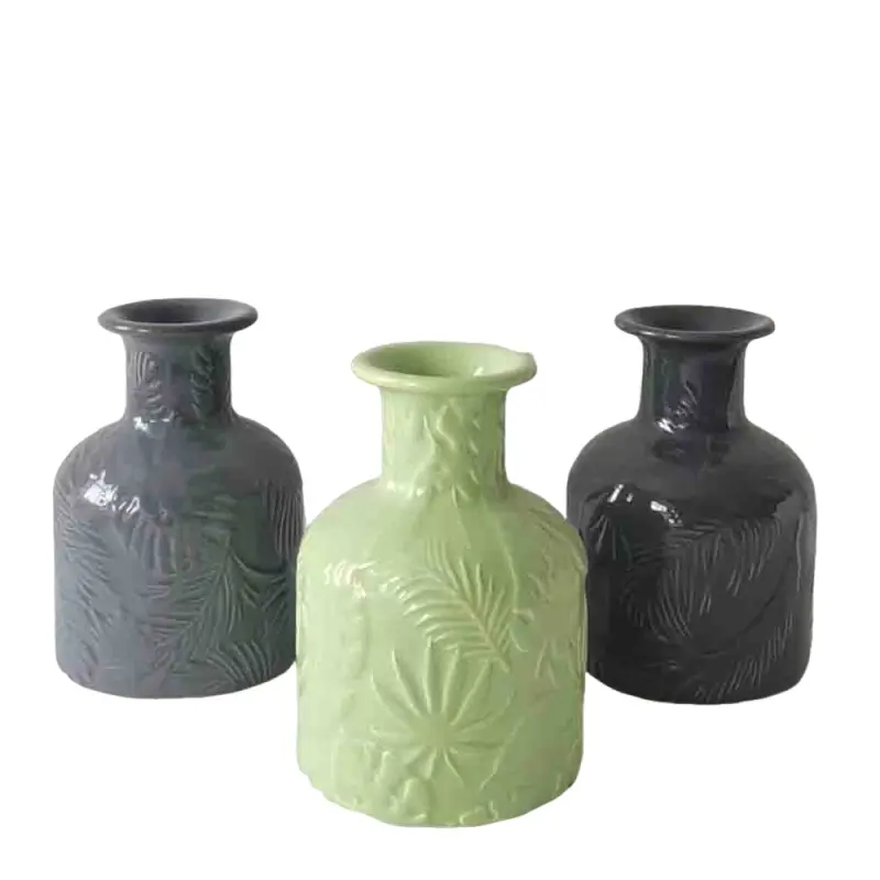 Cheap Morandi Color Embossed Plant Pattern Stoneware Mini Vase Exporter, Company