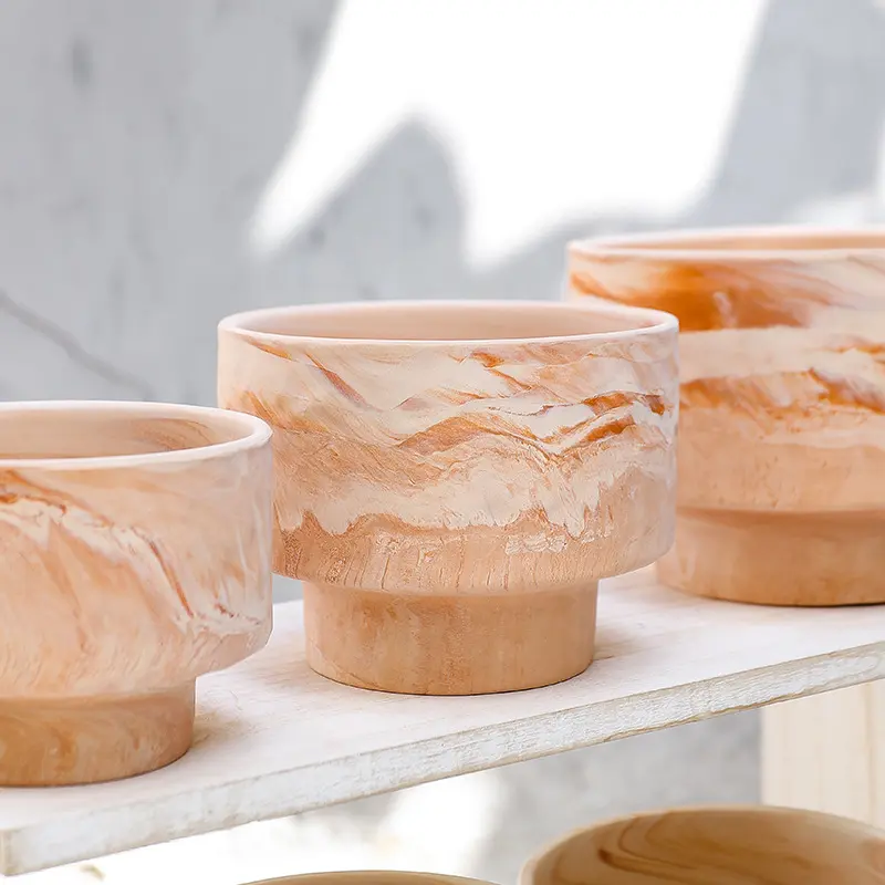 ODM Wabi-Sabi Light Brown Marble Texture Pedestal Ceramic Planter Manufacturers, Exporters
