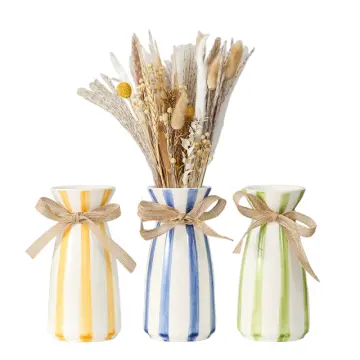Colorful Striped Ceramic Vase Set with Jute Bow Home Floral Arrangement