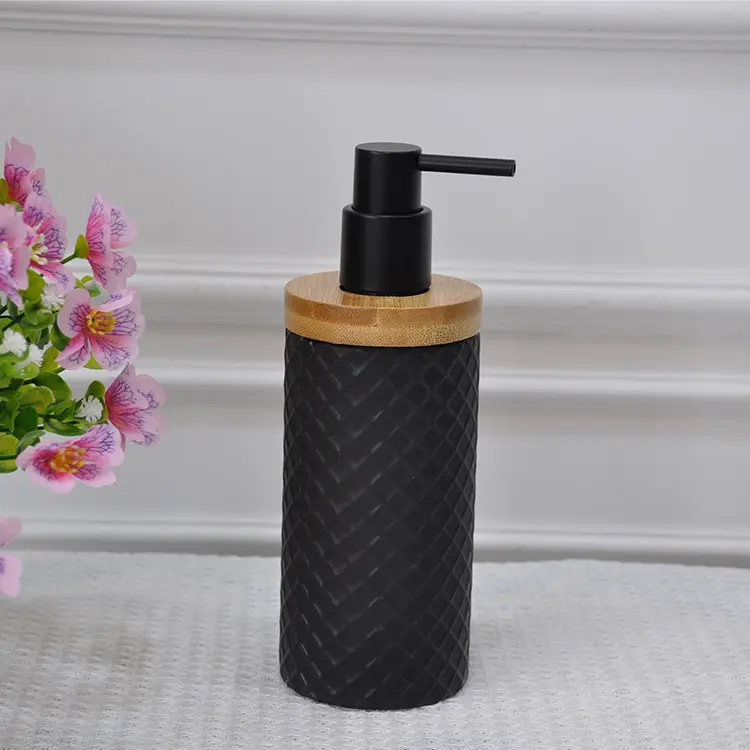 Discount Matte Black Ceramic Bathroom 6-Piece Set with Woven Texture & Wood Base Manufacturer, Company