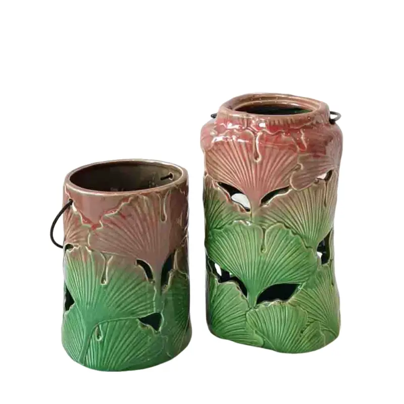 jiashun Artistic Red - Brown to Green Gradient Ginkgo Leaf - Embossed Cutout Ceramic Candle Holders with Handles Exporters, Companies
