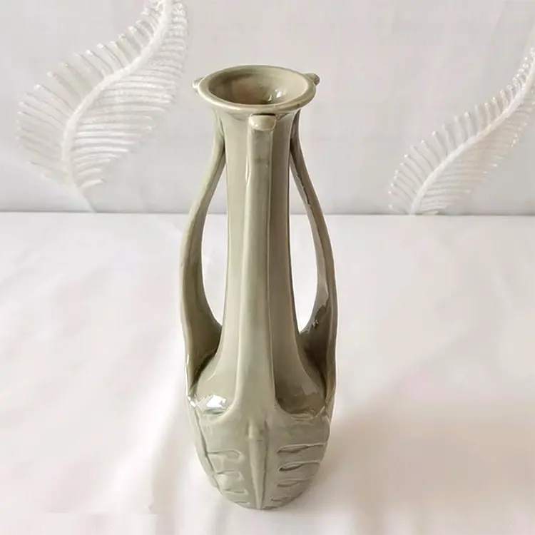 China Tall Dual - Handle Leaf - Embossed Gray Ceramic Vase | Elegant Home Decor Company, Product