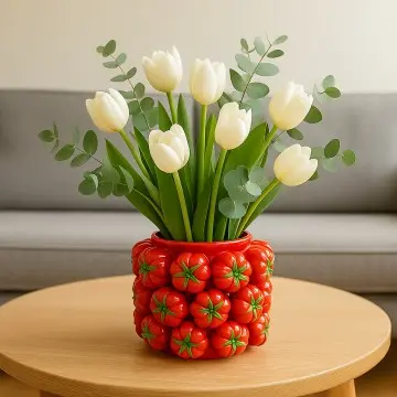 Cute Full-Covered Tomato Glossy Ceramic Vase Wholesome Home Decor Flower