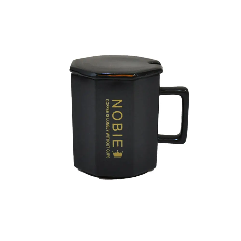 China Minimalist Luxury Matte Black Octagonal Ceramic Coffee Mug with Lid Factory, Company