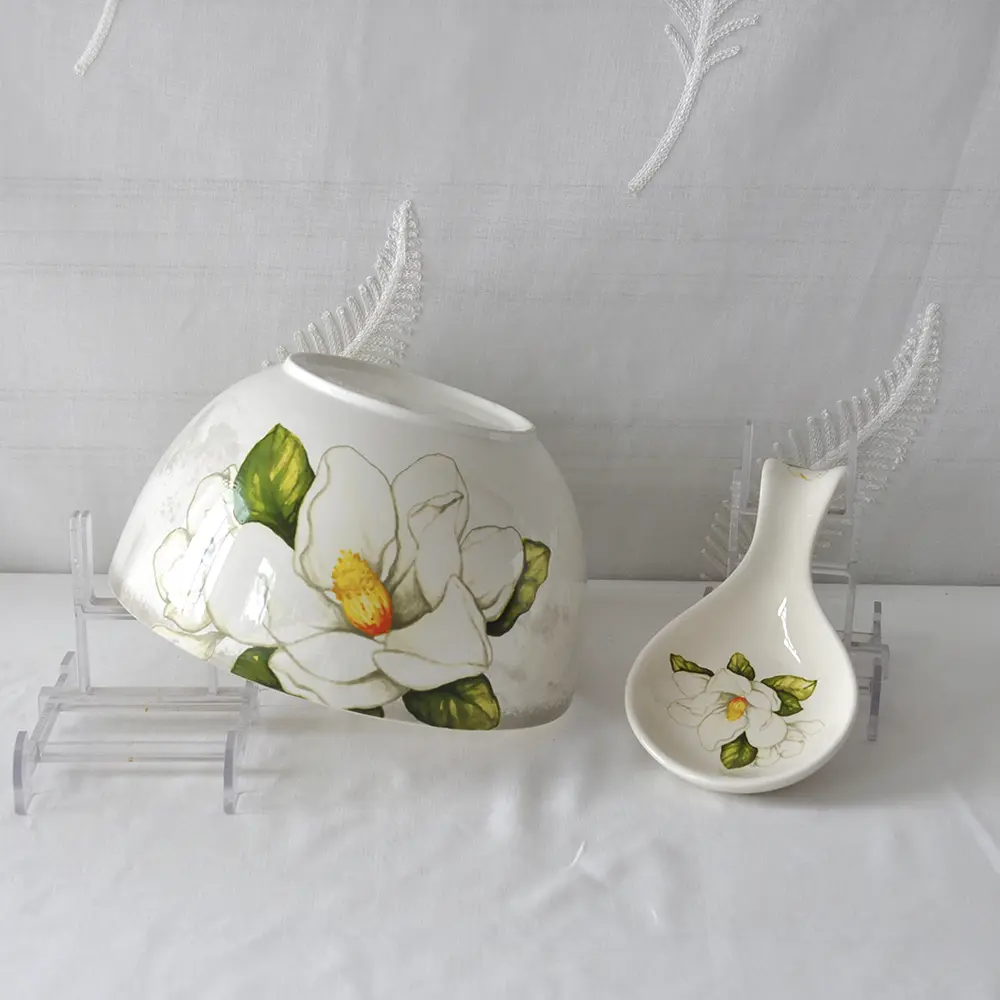 China French Elegant Hand Painted White Camellia Floral Ceramic Bowl and Spoon Set Supplier, Factories