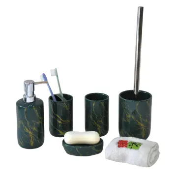 Vintage Dark Green Marble Pattern Stoneware Bathroom Accessory Set