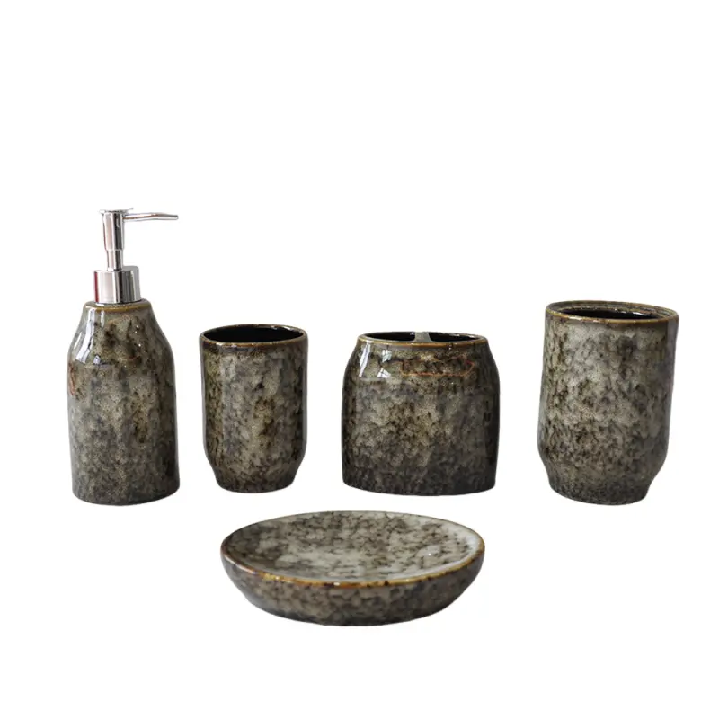 OEM Wabi - Sabi Dark Gray Kiln Changed Speckled Stoneware Bathroom Accessory Set Factory, Exporters