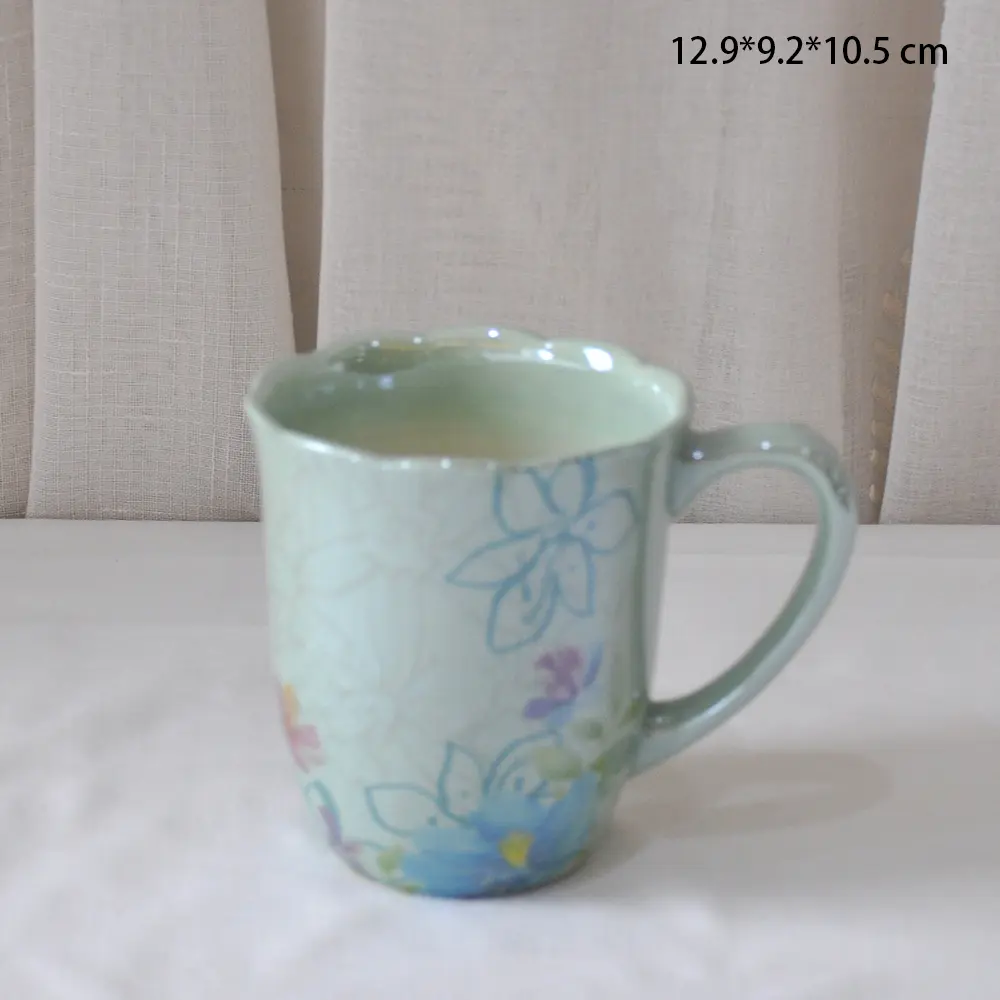 Fresh Hand-Painted Floral Light Green Petal-Edge Ceramic Mug