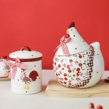Pastoral Style Red-White Floral Plaid Hen Ceramic Storage Jar Set