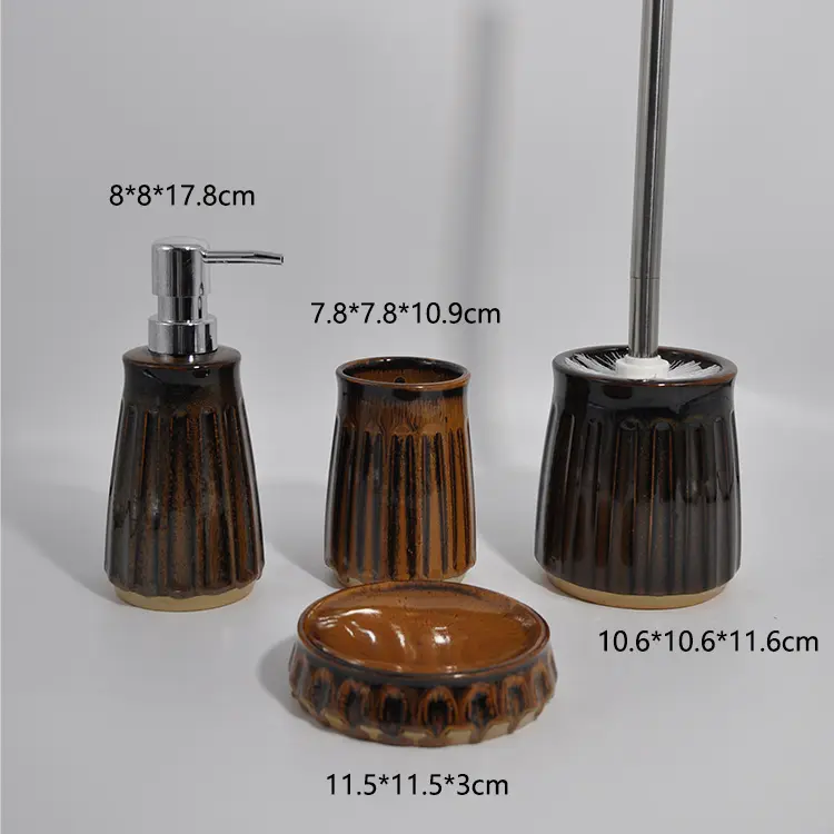Dark Brown Ribbed Glaze Ceramic Bathroom Set