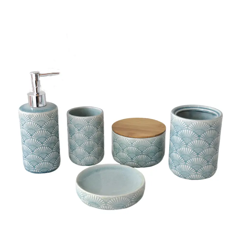 OEM Light Blue-Green Fan-Pattern Ceramic Bathroom 5-Piece Set Factory, Products