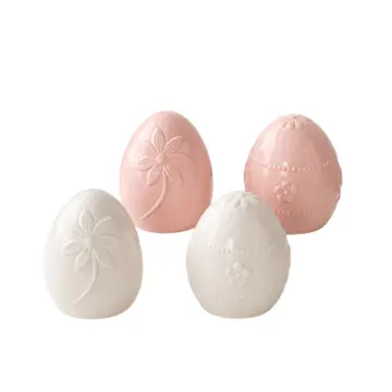 Fresh Flower-Patterned Ceramic Easter Egg Decor Set Pink White Home Tabletop
