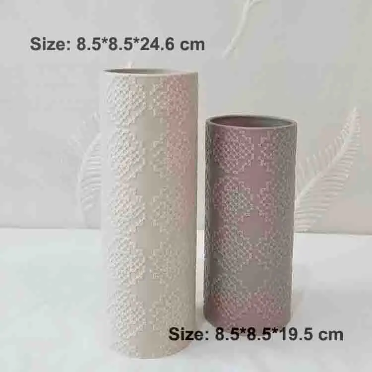 Morandi Color Embossed Geometric Stoneware Cylinder Vase